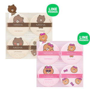 韩国 Tension Pact Puff Fitting 4P (LINE FRIENDS Edition) - Brown +Pink 气垫粉扑 买一送一