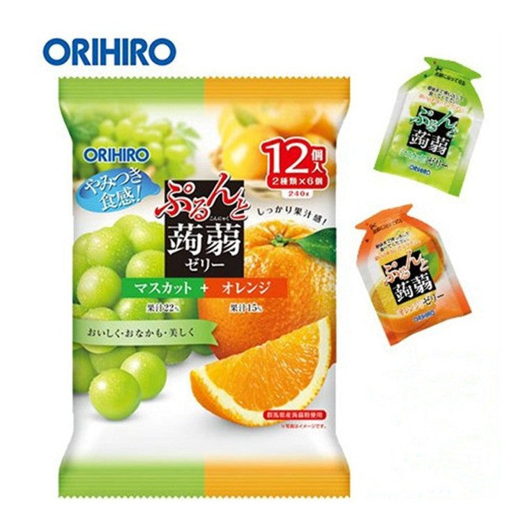 新品零食！日本ORIHIRO 蒟蒻低卡果冻 青葡萄+橙子味 12枚入