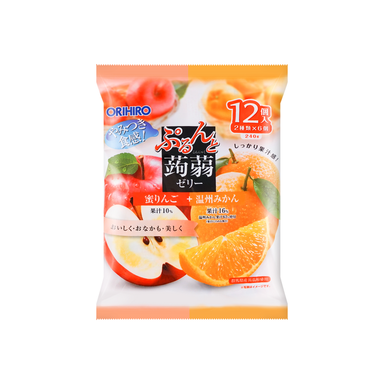 新品零食！日本ORIHIRO 蒟蒻低卡果冻 苹果+橙子 12枚入